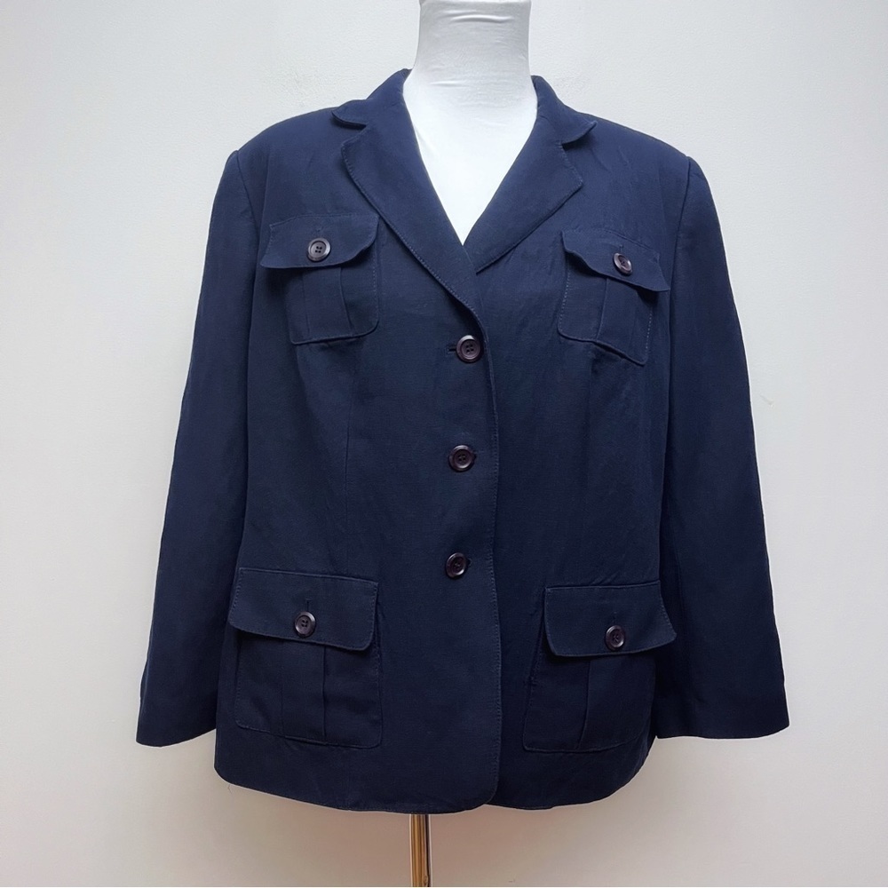 Vintage Emily… Navy Blue Linen Blend Single Button Lapel Blazer Jacket Size 14W